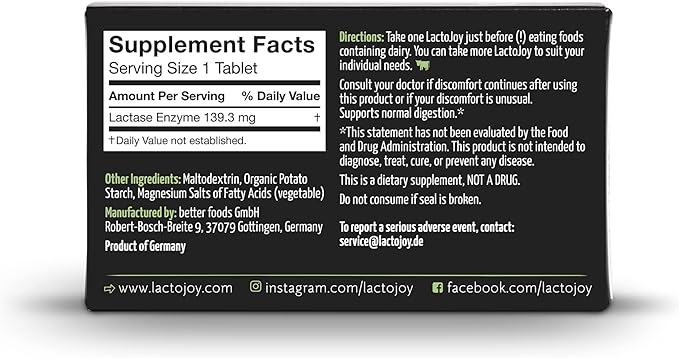 LactoJoy Lactase Pills 14,500 I 80 Pieces I Powerful Lactase Enzymes for Lactose Intolerance I Ultra Pure Lactase for Improved Digestion I No Silicon Dioxide, No Artificial Flavors, No Sucralose