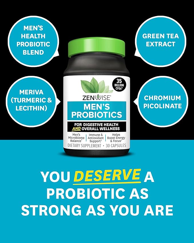 Zenwise Health Probiotics for Men - 35 Billion CFUs Daily Probiotic for Men's Digestive Health - Green Tea Extract, Meriva, and Chromium Picolinate for Microbiome Balance + Antioxidant Support - 30 CT