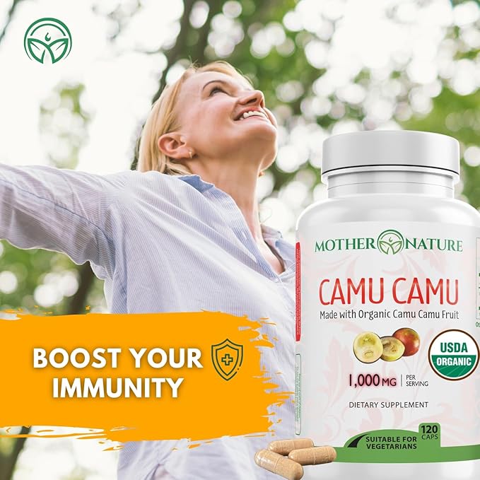 Organic Vitamin C from Camu Camu Capsules 1,000mg, Packed with Natural VIT C, Raw Antioxidants - Immune Support Supplement & Anti-Aging for Skin - Powder Organic, Vegan, Non-GMO (120 Count)