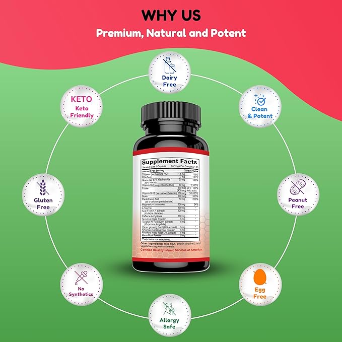 SHIFAA NUTRITION Energize, Natural Daily Energy Vitamins | Jitter-Free, 60 Servings | Supports Focus, Mood, Brain, Metabolism | w/Caffeine & Taurine, B1, B2, B5, B6, B7, B9, B12 Halal Vitamins