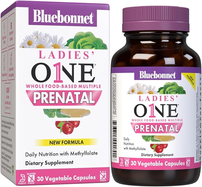 BlueBonnet Nutrition Ladies’ One Prenatal Whole Food-Based Multiple, Daily Nutrition*, Prenatal & Postnatal Health*, Non-GMO, Kosher, Gluten-Free, Soy-Free, 30 Vegetable Capsules, 30 Servings