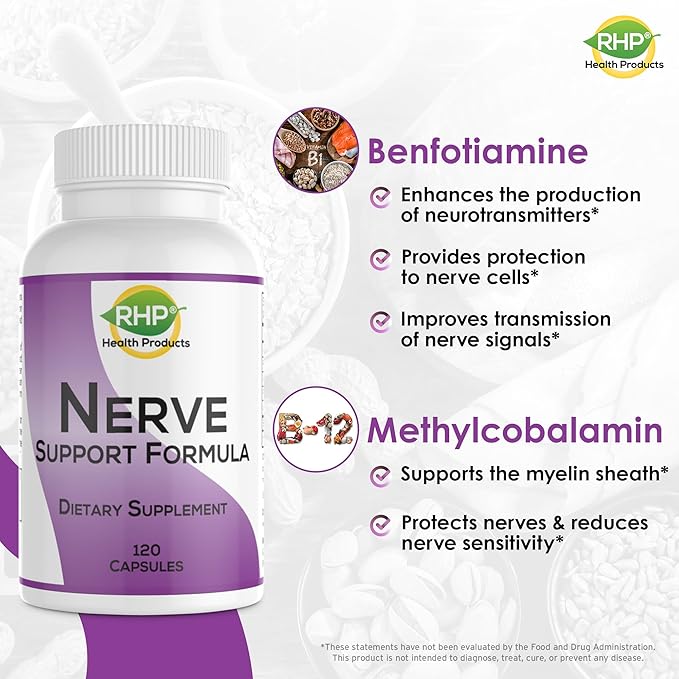 Nerve Support Formula. Nutritional Support of Neuropathy, Nerve Relief from Aches, Nerve Pain & Discomfort. B-Complex with Benfotiamine and Methyl B12. 120 Capsules