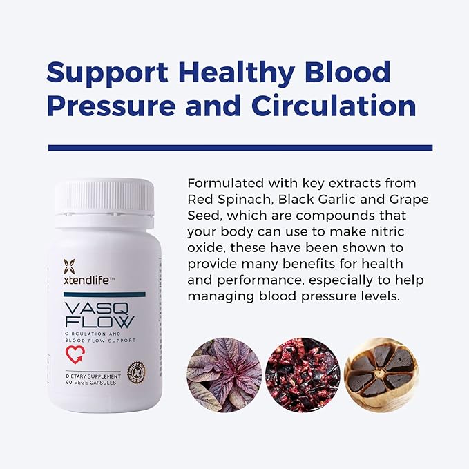 Xtendlife VasQFlow Natural Nitric Oxide Booster Supplement - Circulation & Blood Flow Support with Red Spinach Extract & Aged Garlic - Energy, Heart Health, Muscle Support - 1 Month Supply (90 Count)