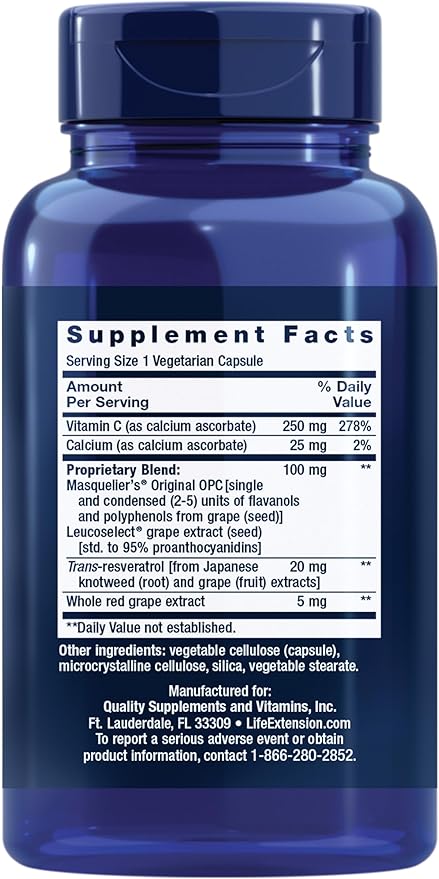 Life Extension Grapeseed Extract, Vitamin C, Calcium, resveratrol, polyphenols, Cardiovascular Health, antioxidant Protection, Gluten-Free, Non-GMO, Vegetarian, 60 Capsules