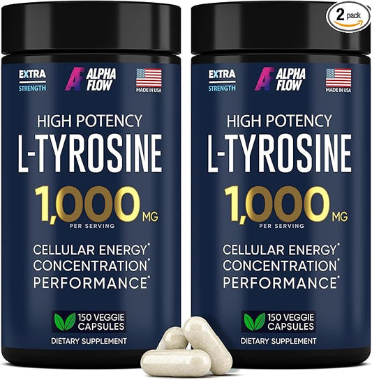 [2 Pack] L-Tyrosine 1000MG Capsules - Natural L Tyrosine Supplement for Kids & Adults - Energy Boost and Brain Supplement - 2x the potency of L-Tyrosine 500mg capsules - 300 Vegan LTyrosine Capsules