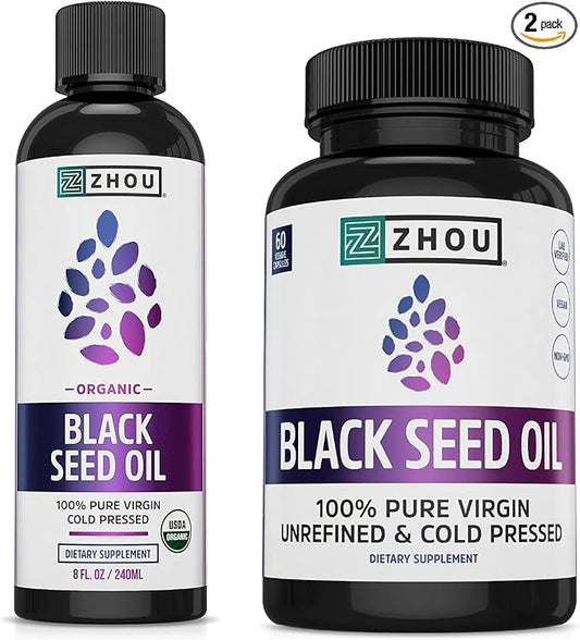 ZHOU Black Seed Oil & Capsules - Black Cumin Seed Oil Cold Pressed, Pure Unrefined Nigella Sativa, Premium Supplement for Health, Hair & Skin - 8 fl oz Bottle & 60 Capsules