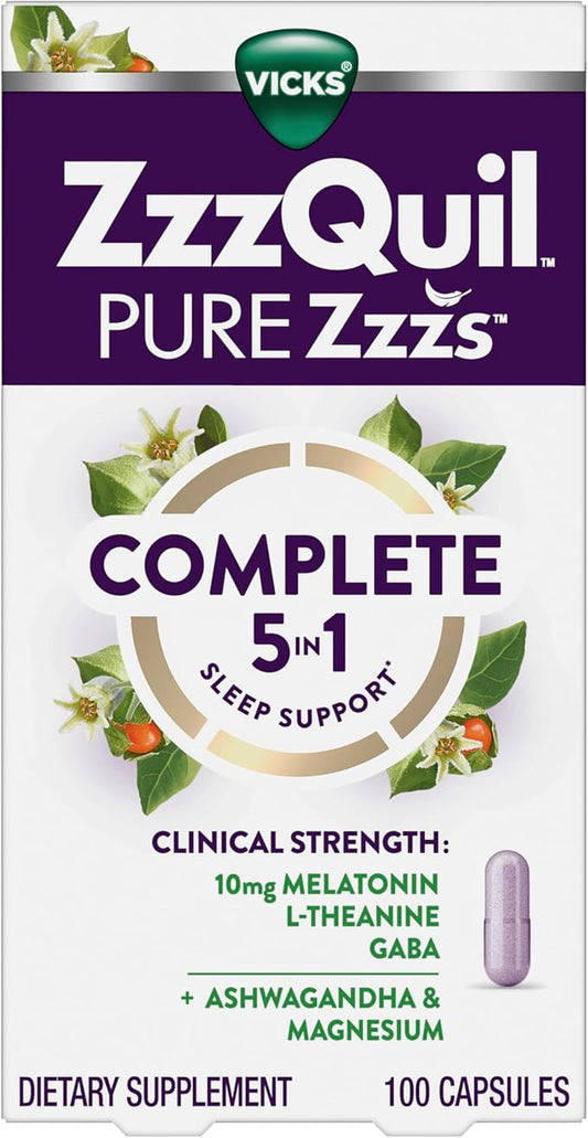 ZzzQuil Pure Zzzs Complete Sleep, Melatonin 10mg, L-Theanine, GABA, with Ashwagandha, and Magnesium, Melatonin Sleep Aid, 100 Count