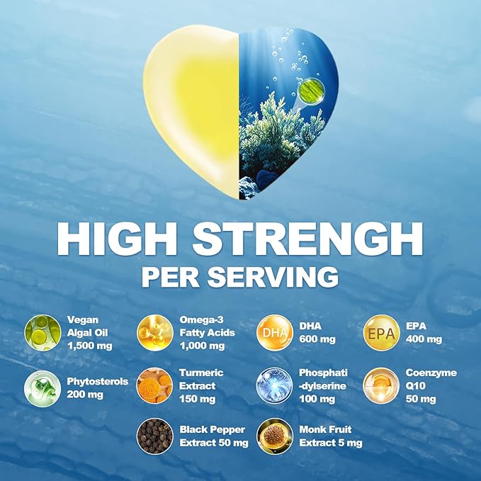 10-in-1 Vegan Omega-3 Gummies 1500mg with DHA 600mg, EPA 400mg, Phytosterols, Turmeric, CoQ10, Phosphatidylserine, Monk Fruit, Algae Omega 3 Supplement Fish Oil Alternative for Adults & Teens - 60 Cts