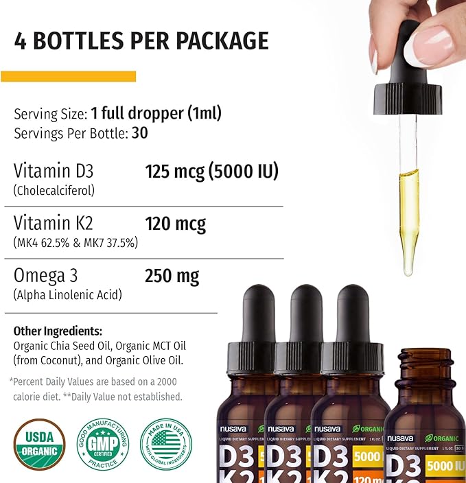 (4 Pack) Organic Vitamin D3 K2 Drops with MCT Oil Omega 3, 5000 IU - Maximum Strength Vitamin D Liquid, No Fillers, Non-GMO Liquid D3 for Faster Absorption and Immune Support, Unflavored, 4 Fl Oz