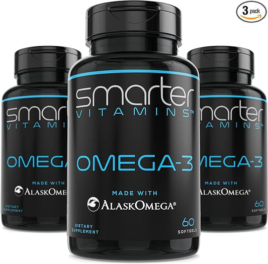 (3 Pack) Smarter Omega 3 Fish Oil, Berry Flavor, Burpless, Tasteless, 2000mg, DHA EPA Triple Strength Brain, Made with AlaskOmega®