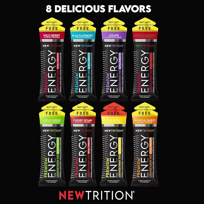 NewTrition® Extra Strength Energy Shots 1.7 fl oz - 250mg Caffeine with B Vitamins & Amino Acids, Sugar-Free Zero Calorie Vitamin Energy Drink for Focus & Endurance (Pack of 24, 4 Flavors - Mixed 2)