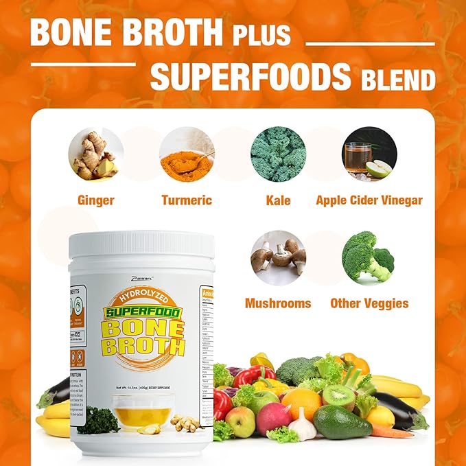 Zammex Bone Broth Plus Superfood Protein Powder (Turmeric Flavor), 8g Hydrolyzed Protein with Vitamin D, for Healthy Skin, Nails, Hair, Joints & Digestion,Non-GMO (30 Servings)