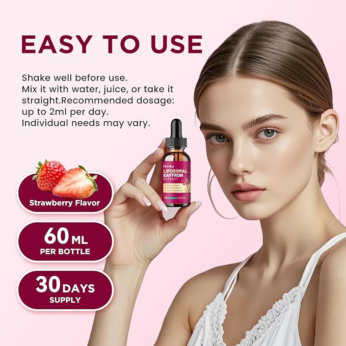 2 Pack Liposomal Saffron Supplements - 88.5mg Saffron Extract Liquid Drops with L-Theanine, Chamomile, Vitamin C, B6, B12 & D3 for Antioxidant, Immune, Mood, Energy, Focus & Sleep - Strawberry Flavor