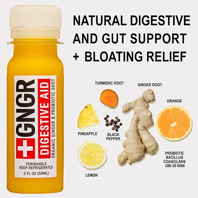 +GNGR Digestive Aid Organic Ginger Shots with Probiotics, Gut Health, Colon Cleanse, Bloating Relief, Gut Detox, Immunity Shots with Ginger Juice, Turmeric, Black Pepper. 2 fl oz (Pack of 12)