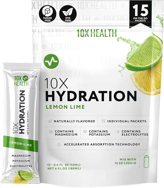 10X Health Electrolyte Drink Mix - Hydration Packets - Sodium, Magnesium, Potassium Citrate & Electrolytes Packets - Naturally Flavored, Dye-Free & Sugar-Free Hydration Packs - 15 Sticks, Lemon Lime