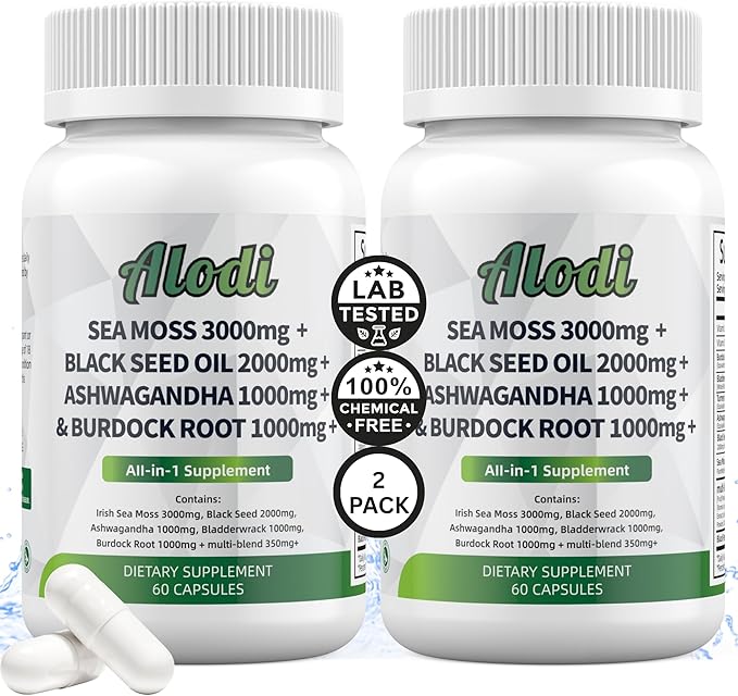 Super Sea Moss Blend - Advanced Formula with Ashwagandha KSM 66, Black Seed Oil, Burdock Root, Bladderwrack, Turmeric, ACV, Ayurveda - Lab Tested for Maximum Potency for Men and Women (2 Bottles)