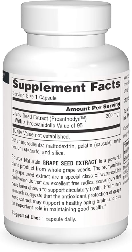 Source Naturals Proanthodyn Grape Seed Extract, Antioxidant Protection, Supports a Healthy Aging Brain*, 200 mg - 60 Capsules