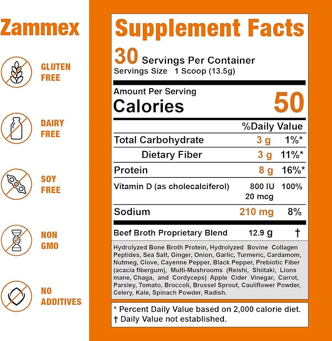 Zammex Bone Broth Plus Superfood Protein Powder (Turmeric Flavor), 8g Hydrolyzed Protein with Vitamin D, for Healthy Skin, Nails, Hair, Joints & Digestion,Non-GMO (30 Servings)