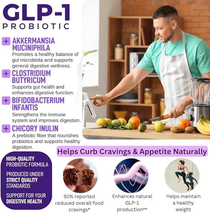 GLP-1 Daily Probiotic - Reduce Hunger & Cravings, Support Fat Loss & Weight Management, Naturally Boost GLP1 Production, Appetite Control Supplement for Men & Women, Vegan & Gluten Free (30 Capsules)