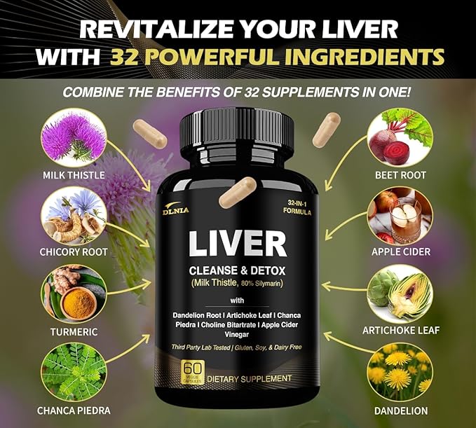 32 in 1 Liver Cleanse Detox & Repair Formula with Apple Cider Vinegar, Milk Thistle Supplement, Artichoke, Dandelion Root Supplement - Non-GMO & Vegan Herbal Liver Support & Repair