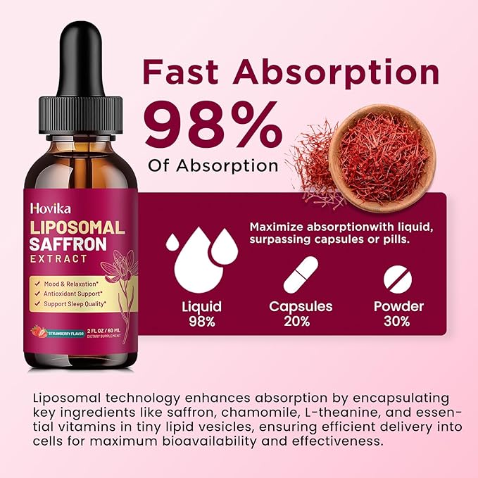 2 Pack Liposomal Saffron Supplements - 88.5mg Saffron Extract Liquid Drops with L-Theanine, Chamomile, Vitamin C, B6, B12 & D3 for Antioxidant, Immune, Mood, Energy, Focus & Sleep - Strawberry Flavor