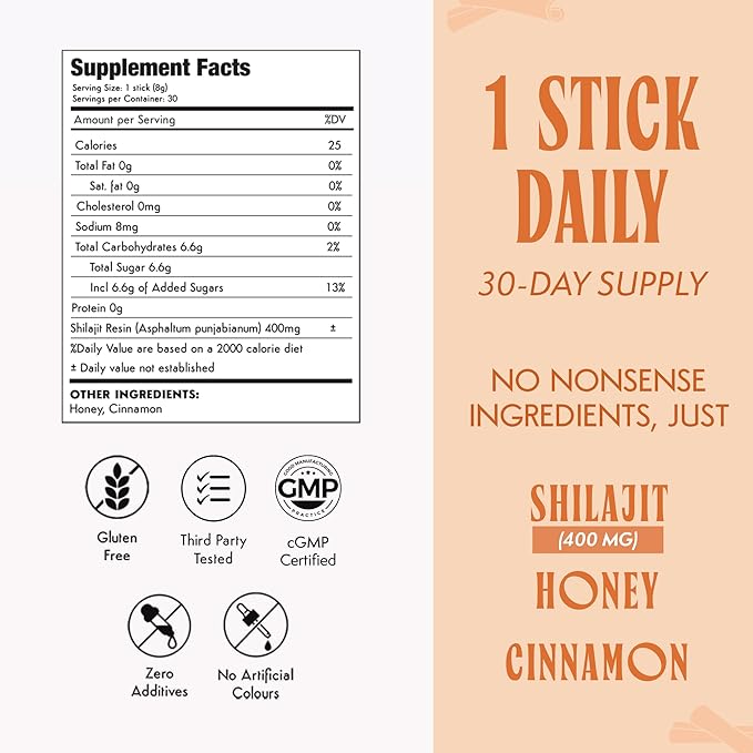 400mg Himalayan Shilajit for Men with Honey - Cinnamon, On-The-Go Energy Sticks & Immune Support for Women | 75%+ Fulvic Acid | 85+ Trace Minerals, 100% Natural, Pack of 30