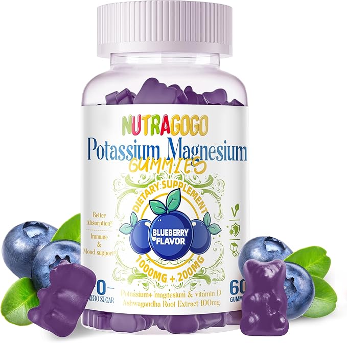 Potassium Magnesium Gummies,Potassium Supplement w/Ashwagandha,High Absorption Magnesium Glycinate,B6,D3,Potassium Citrate for Leg Cramps,Muscle,Electroyte for Adults Kids,Sugar-Free, 60 Gummies