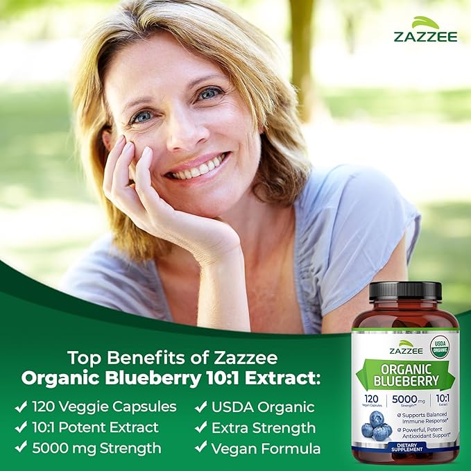Zazzee USDA Organic Blueberry 10:1 Extract, 5000 mg Strength, 120 Vegan Capsules, 4 Month Supply, Concentrated and Standardized 10X Whole Fruit Extract, 100% Vegetarian, Non-GMO, Made in The USA