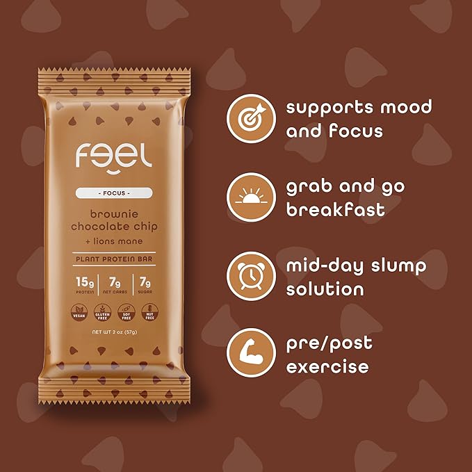 Feel Vegan Protein Bars, Focus, Lion’s Mane, Dairy, Nut, Grain, Soy Free, 15g Plant Protein, Adaptogenic Snack, Organic, Low Sugar, Low Carb, Gluten Free, Brownie Chocolate Chip, 10 Pack