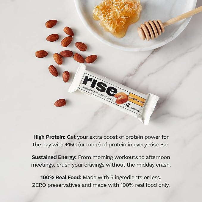 Rise Breakfast Whey Protein Bars Almond Honey, 18g Protein, 2.01 oz (12 Pack)