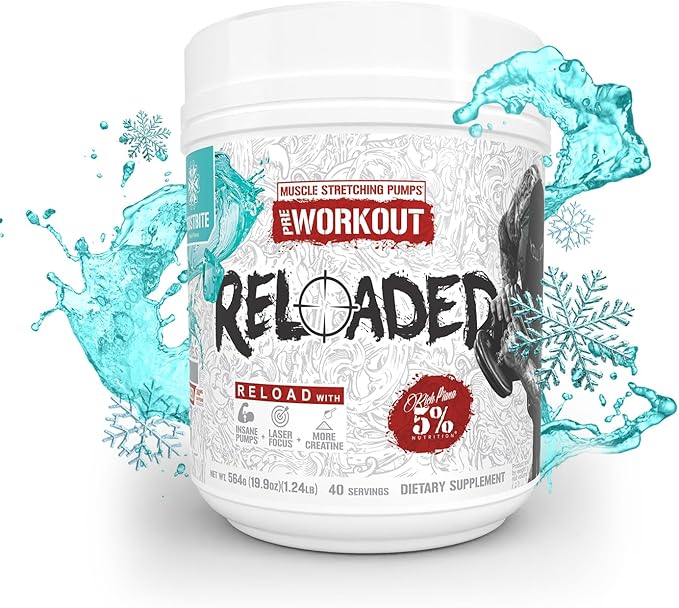 5% Nutrition Rich Piana Reloaded High Stim Pre-Workout | Ultra Energy, Focus, Pumps, Power & Endurance | Citrulline, GlycerSize, Nitrosigine, Creatine, Choline, Huperzine A (Frostbite)