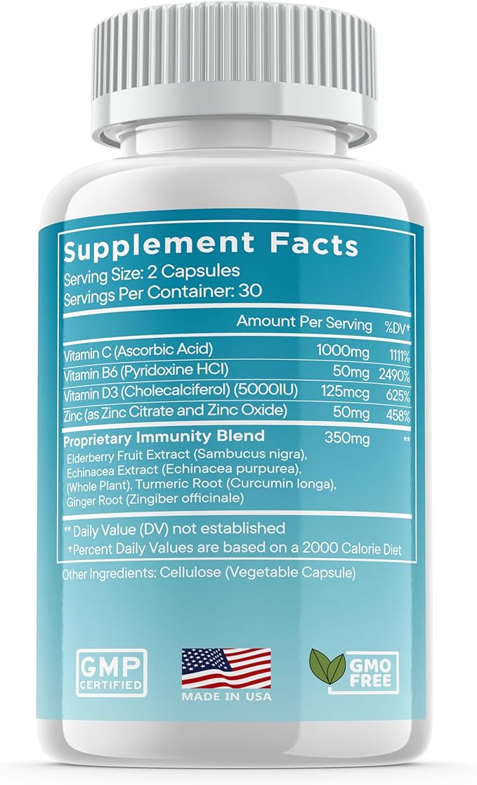 8 in 1 Immune Defense Support, Immunity Vitamins Supplement Booster with Zinc 50mg, Vitamin C Elderberry Vit D3 5000 IU, Turmeric Curcumin & Ginger, Echinacea - Allergy Relief for Kids Adults (2 Pack)