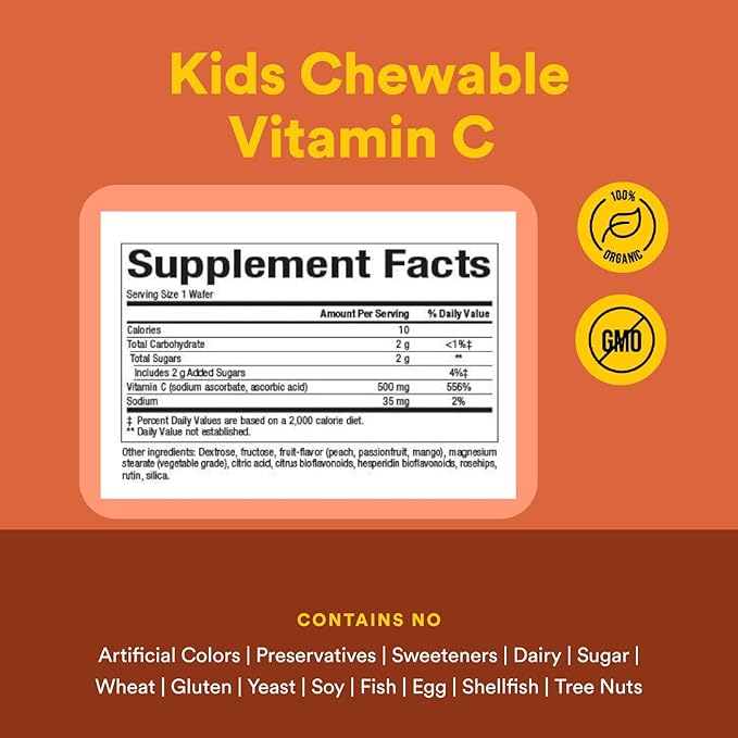 Natural Factors, Kids Chewable Vitamin C 500 mg, Supports Immune Health, Bones, Teeth and Gums, Peach, Passionfruit and Mango, 90 Wafers