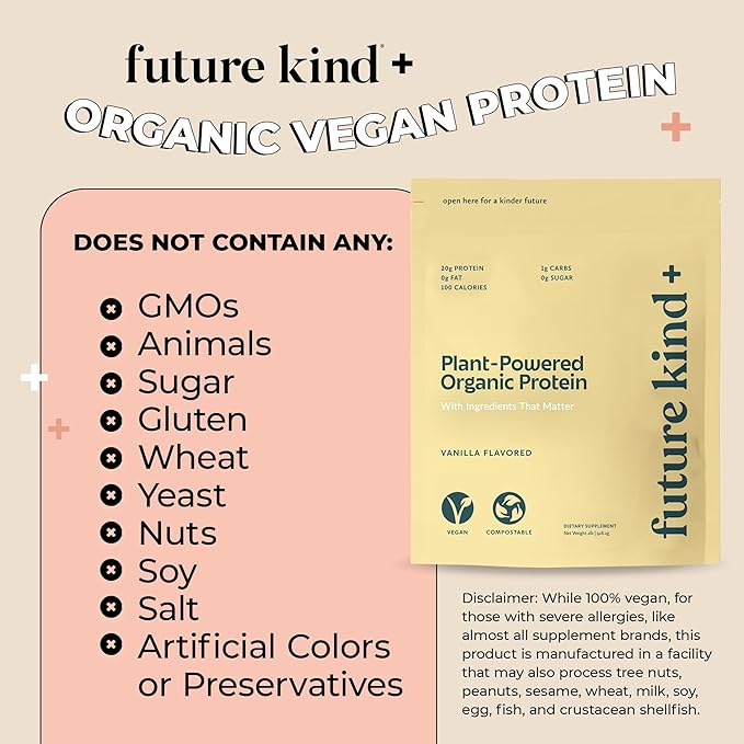 Future Kind Vegan Protein Powder, Vanilla, Pea Plant Protein for Lean Muscle with Iron & Fiber, Whey-Free, Sugar-Free, Soy-Free, Non-Dairy (34 Servings)