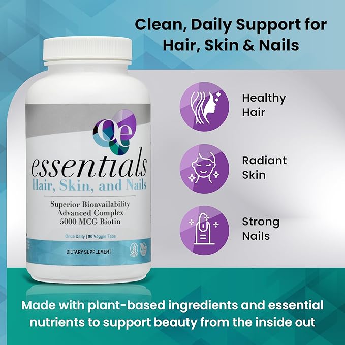 Organic Excellence Hair Skin Nail Vitamin Supplement with Biotin, Hyaluronic Acid, MSM – Advanced Absorption - 3 Month Supply