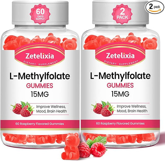 2 Pack L-Methylfolate 15mg & Methyl B12 Gummies, Folate Supplement for Brain Health, Mood & Immunity, DNA Synthesis & Repair, Sugar Free, Vegan, Raspberry Flavor, 120 Count
