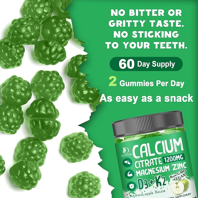 (2 Pack) Calcium Citrate 1200 mg with Vitamin D3 Gummies for Women & Men, Calcium Magnesium Zinc with Vitamin D3 K2 Supplement for Bone & Teeth Support, Natural Apple Flavor - 60 Day Vegan Supply