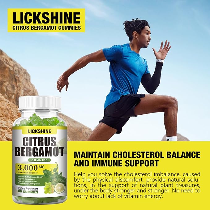 2 Pack 3000MG Citrus Bergamot Gummies - Citrus Bergamot Extract Cholesterol Lowering Supplement for Immune Support Anti-Aging, Hight Cholesterol Sugar-Free Vegan Lime Flavor 120 Cts