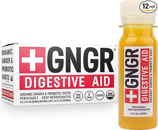 +GNGR Digestive Aid Organic Ginger Shots with Probiotics, Gut Health, Colon Cleanse, Bloating Relief, Gut Detox, Immunity Shots with Ginger Juice, Turmeric, Black Pepper. 2 fl oz (Pack of 12)
