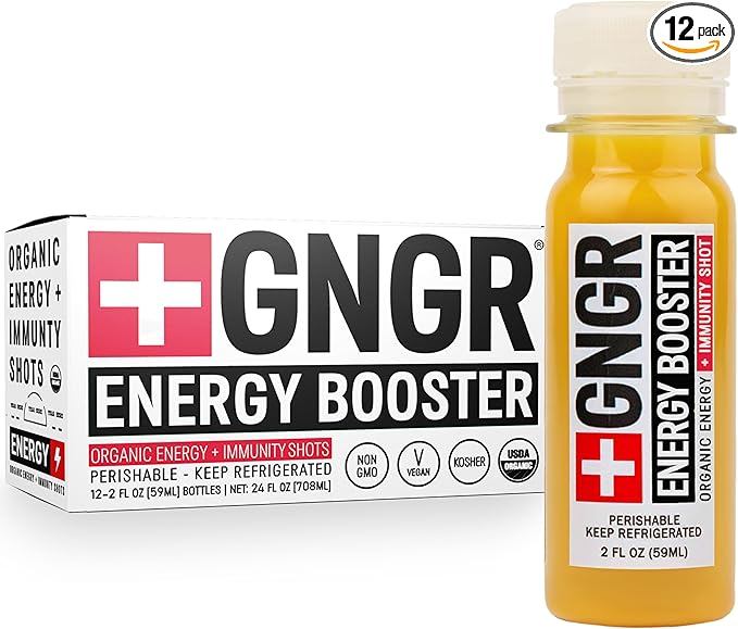 +GNGR Energy Booster & Immunity Shot, Cold-Pressed Ginger Shots with Lions Mane, 75mg of Natural Caffeine Green Tea, Turmeric Root, Vitamin D & Zinc for All Natural Immune Support 2 fl oz (Pack of 12)