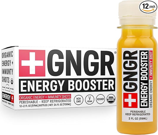 +GNGR Energy Booster & Immunity Shot, Cold-Pressed Ginger Shots with Lions Mane, 75mg of Natural Caffeine Green Tea, Turmeric Root, Vitamin D & Zinc for All Natural Immune Support 2 fl oz (Pack of 12)