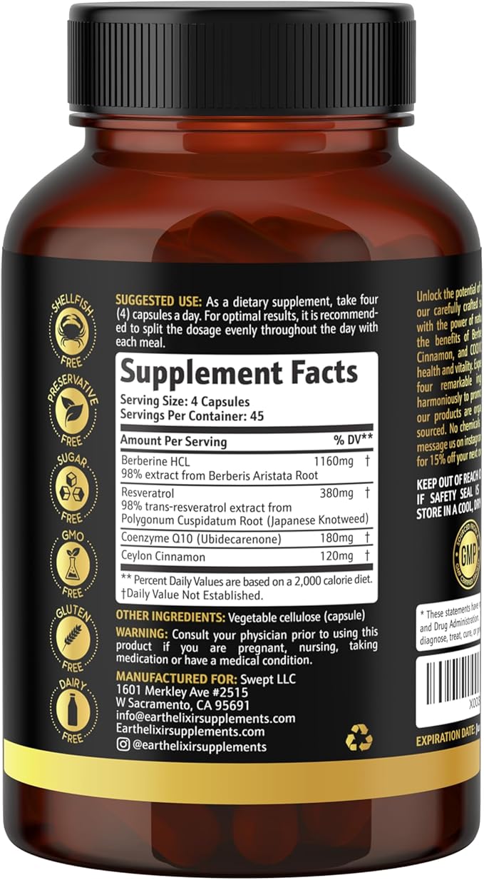 4-in-1 Berberine Supplement 1160mg (180 Caps) w/ 180mg COQ10, 380mg Resveratrol & 120mg of Ceylon Cinnamon –3rd Party Tested– Berberine w/Ceylon Cinnamon Supplements –Max Purity– CO Q 10
