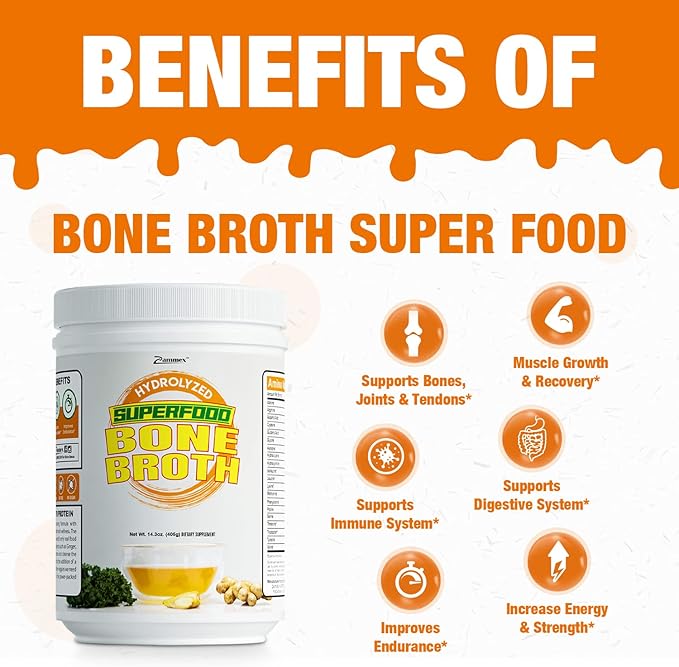 Zammex Bone Broth Plus Superfood Protein Powder (Turmeric Flavor), 8g Hydrolyzed Protein with Vitamin D, for Healthy Skin, Nails, Hair, Joints & Digestion,Non-GMO (30 Servings)