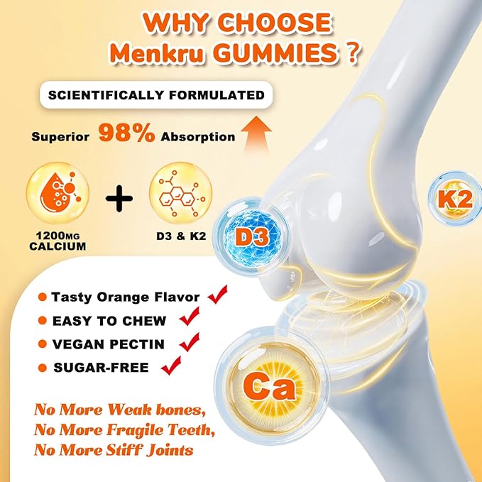 (2 Pack) Calcium Citrate Gummies,Calcium 1200 mg with Vitamin D3 and K2 for Women & Men.Supports Bone Muscle & Teeth - Natural Orange Flavor,120 Gummies- 60 Day Vegan Supply