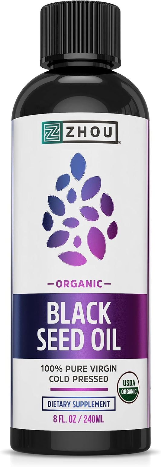 Zhou Organic Black Seed Oil - Black Cumin Seed Oil Cold Pressed, Nigella Sativa, Pure Unrefined Blackseed Liquid, Premium Supplement for Health with Thymoquinone, Omega 3 6 9 - 8 Fl Oz (Pack of 1)
