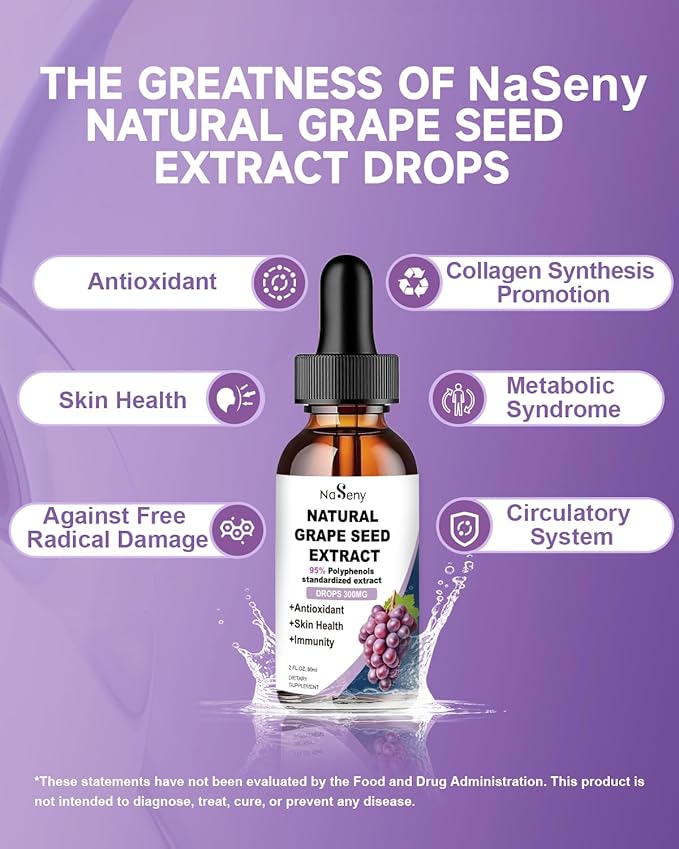 Natural Grape Seed Extract Drops-300 mg Grape Seed Extract Liquid Supplement - Maximum Strength Vitis Vinifera Seed Tincture, Standardized to 95% Polyphenols, Non-GMO, Gluten Free (60ml)