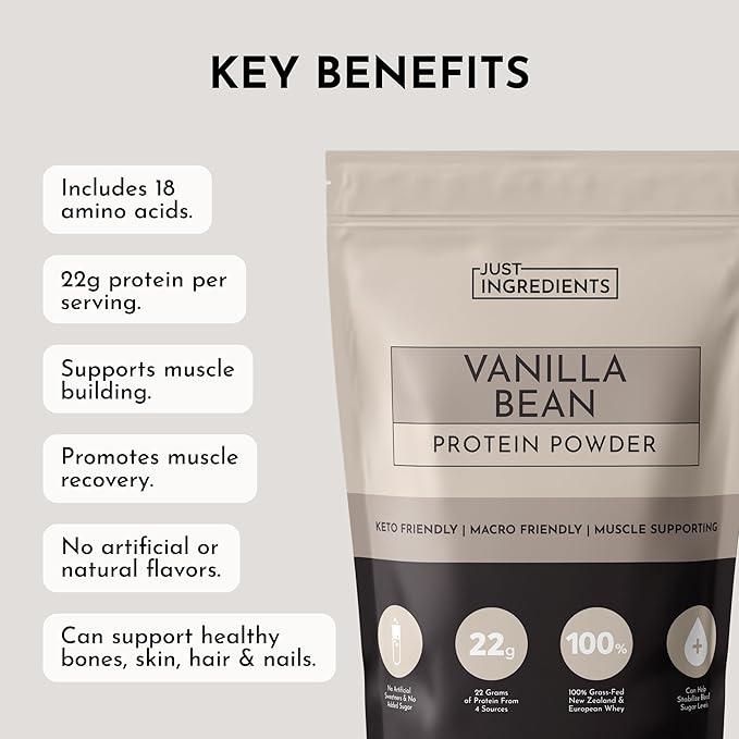 JUST INGREDIENTS Vanilla Bean Protein Powder – 20-Serving Blend with 100% Grass-Fed Whey & Organic Plant Proteins – Real Vanilla Bean & Cinnamon – Supports Muscle Recovery, Energy*