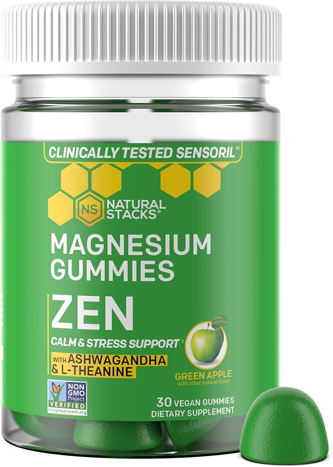 Zen Magnesium Gummies - 200mg Magnesium Citrate & 125mg Sensoril Ashwagandha Gummies - with L Theanine for Calm & Stress Support - Mag Citrate and Ashwagandha Supplement - 30 Green Apple Chewables