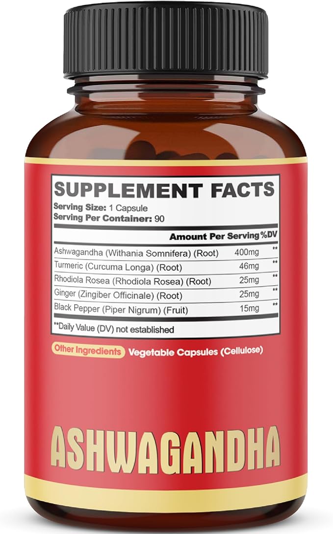90 Capsules - Ashwagandha Supplement Capsules - Ginger Root, Turmeric, Rhodiola Rosea & Black Pepper