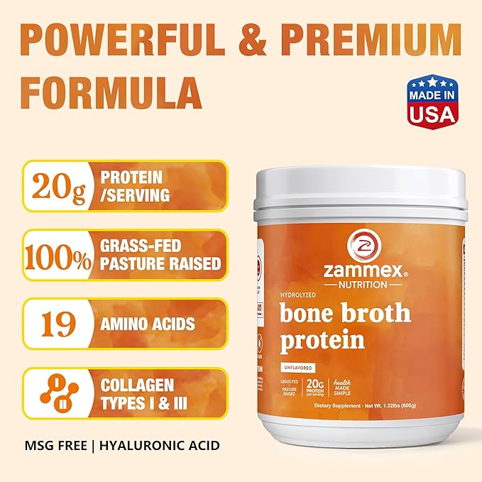 Zammex Pure Grass Fed Beef Bone Broth Protein Powder,20g Protein, Hydrolyzed Collagen Supplement for Healthy Skin,Nails,Hair,Joints, Non-GMO,Gluten Free,Paleo & Keto Friendly, Great in Soup